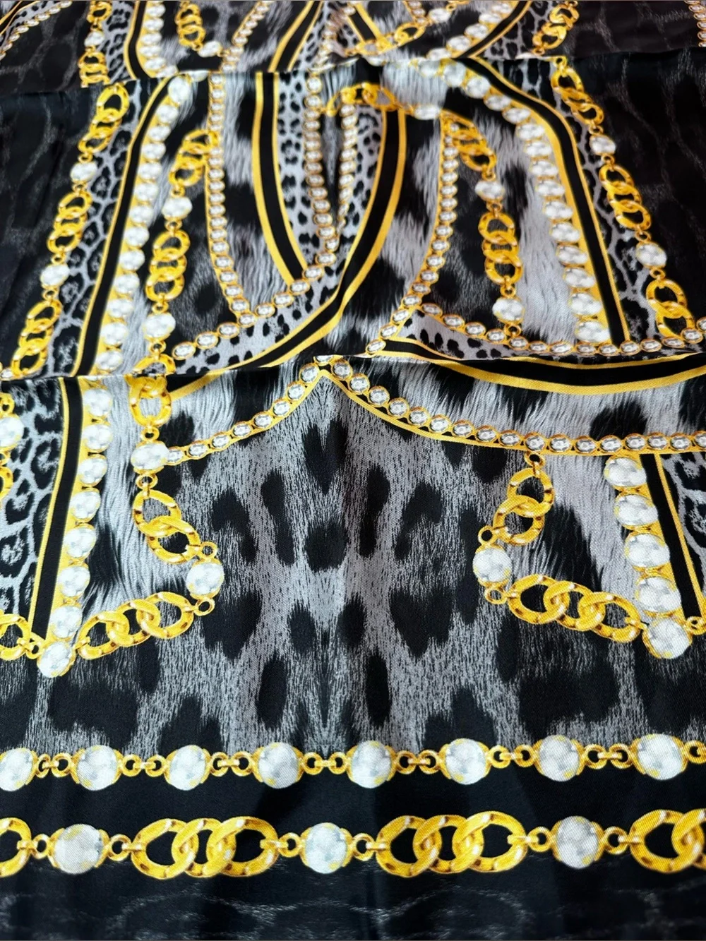 Roberto Cavalli Black and Gold Leopard Motif Silk Scarf